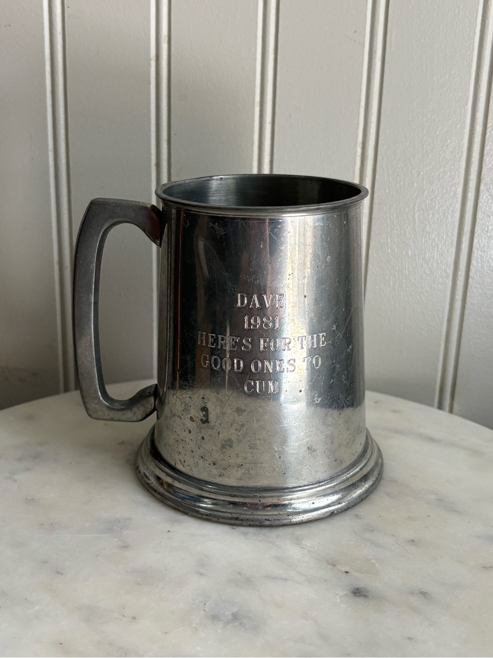 Vintage Pewter Clear Bottom Tankard Mug Cup Gag Gift for Dave Funny Humorous VTG